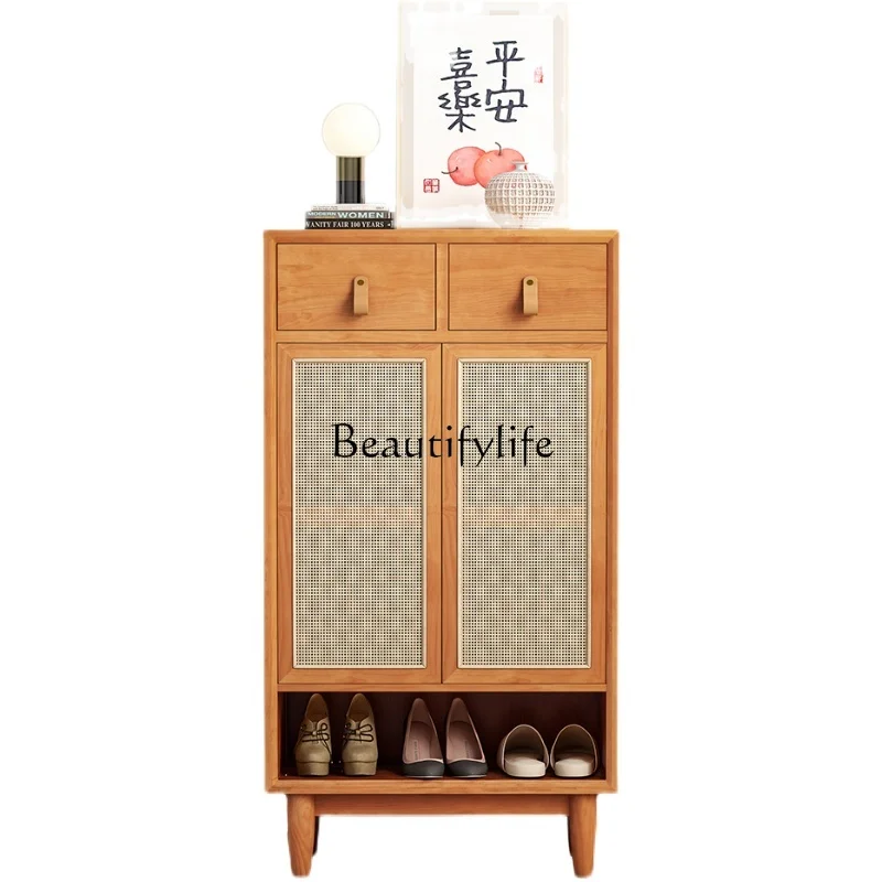 

Nordic Solid Wood Shoe Cabinet Rattan Door Hallway Cabinet Simple Partition Cabinet Custom Japanese Style Home Entry
