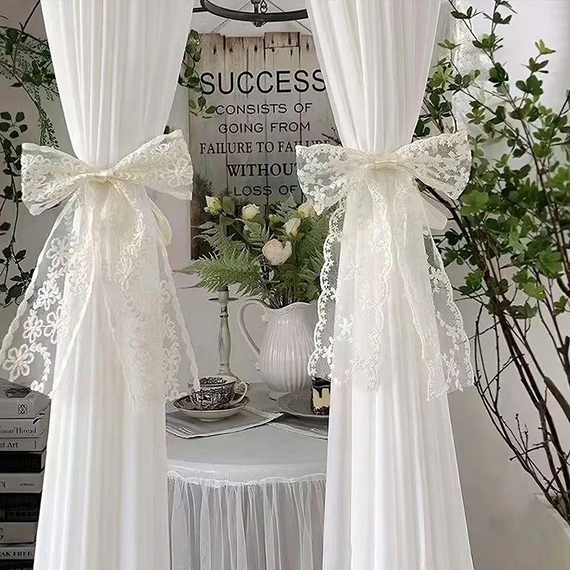 Lace Curtains Bow Ties Tiebacks INS Curtain Buckle White Beautiful Window Curtains Binding Rope Romantic Room Decor 3