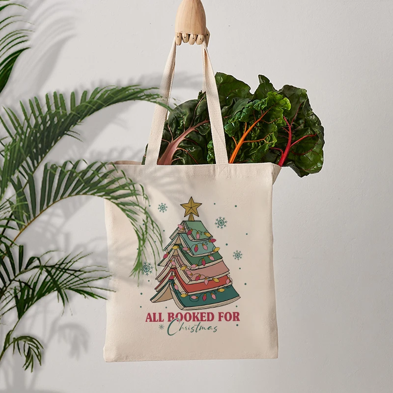 クリスマスツリー柄のキャンバストートバッグ,本愛好家のための
