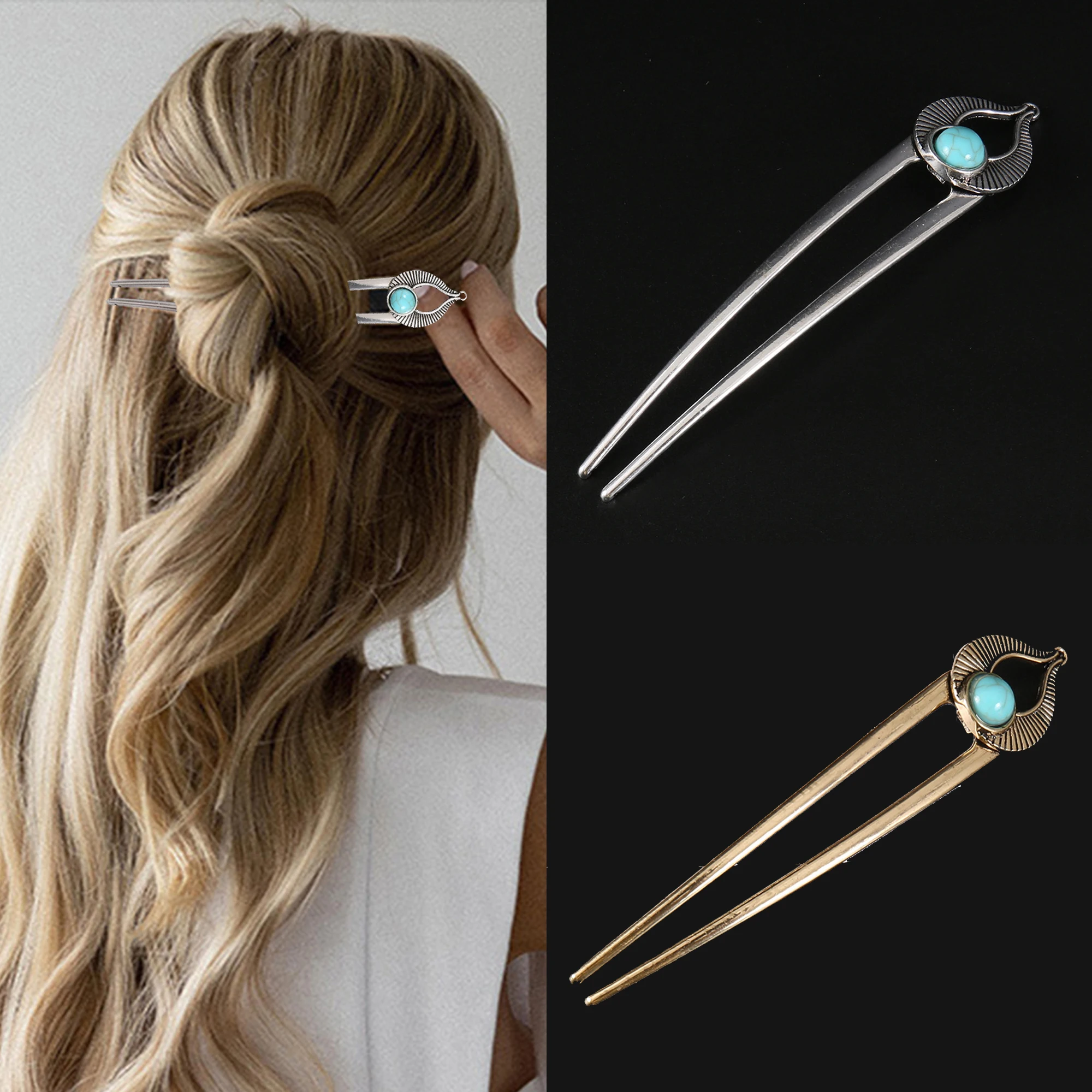 New Luxury Silver Gold Color Turquoise Hairpin for Women Metal U Shape Shell Enamel Hair Stick Hairwear Accessories Jewelry Gift