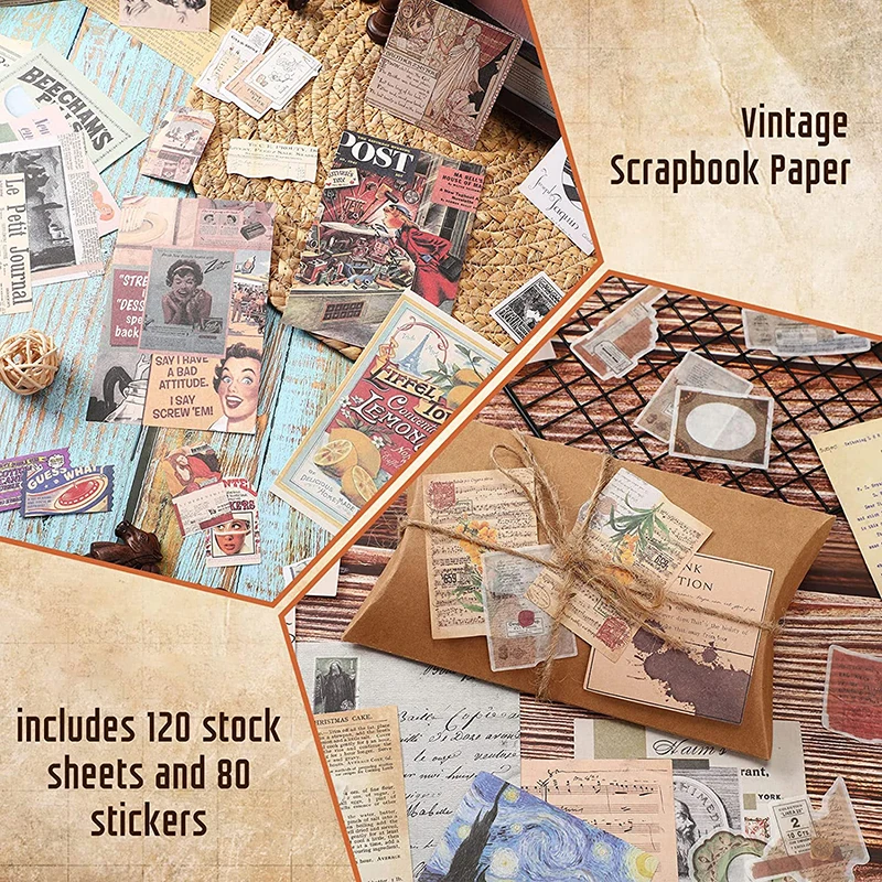 200Pcs/Set Vintage Journaling Scrapbooking Paper Aesthetic Scrapbook Washi Stickers Paper for Journal Supplies DIY Art Craft