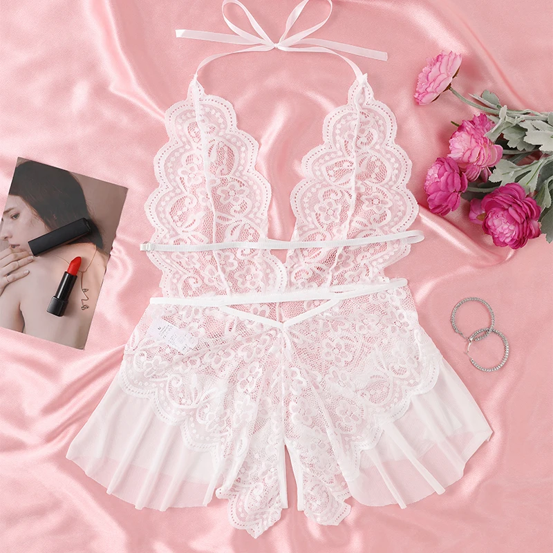 Crotchless Lace Women's See-through Sexy Lace-Up Bow Spliced Strap Jumpsuit Hollow Erotic Lingerie Bodysuit Shapewear Backless