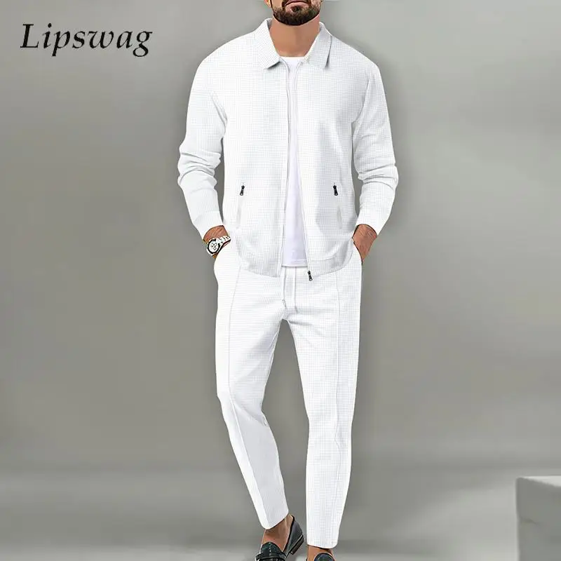 

2023 Autumn Casual Two Piece Set Mens Outfits Waffle Solid Color Long Sleeve Jackets And Pants Men Suits Fashion Loose Tracksuit