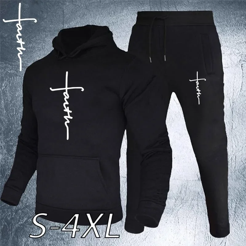 

Men's Tracksuit Hooded Pullover + Sweatpants Sports Suit Casual Jogger Sportswear 2 Piece Male Fleece Streetwear Sets