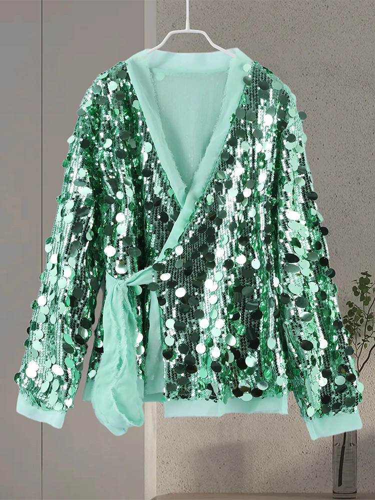 Sequins Lace Up Fashion Coat Women Glitter Party Street V-neck