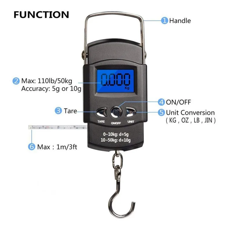 Fishing scales 50kg Pocket Fishing Scale Portable Electronic Scale LCD Display with Measuring Tape Ruler Digital Hanging Hook Fish Tool