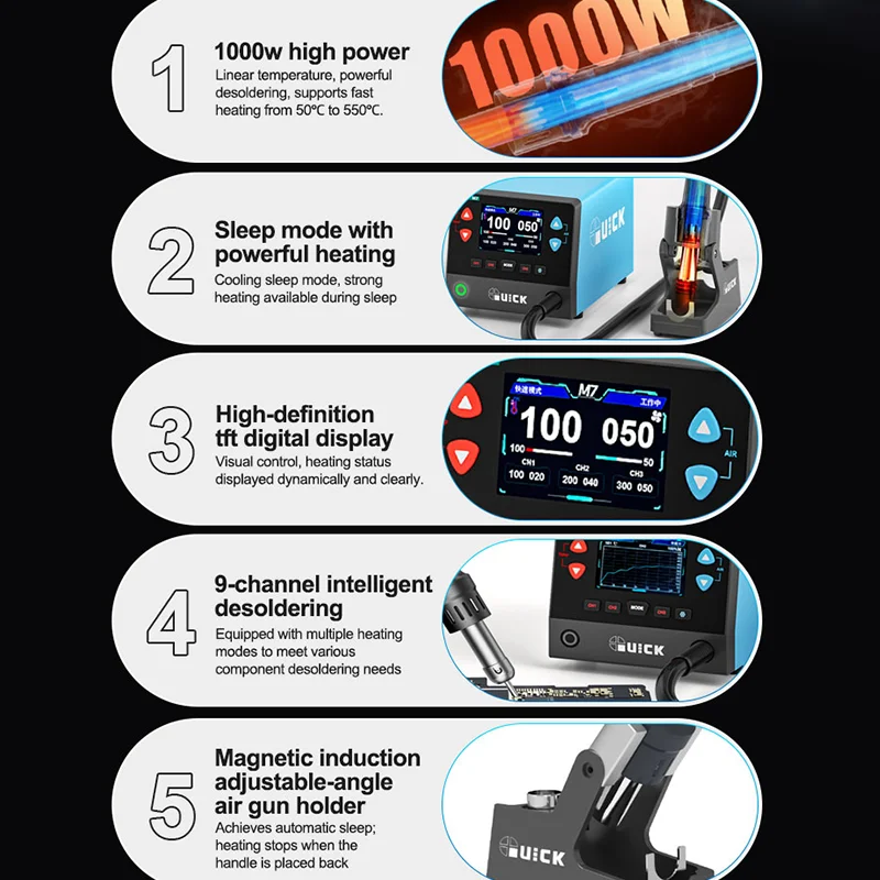 QUICK M7 스마트 무연 납땜 스테이션, 1000W 고출력, 9채널 디솔더링, TFT 컬러 디스플레이, BGA 및 SMD 수리용