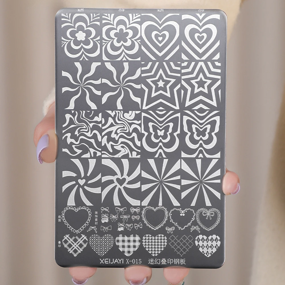 14.5*9.5 cm 스트라이프 하트 패턴이 있는 DIY 네일 템플릿 네일 아트 스탬핑 플레이트 판타지 오버레이 매니큐어 스탬퍼 도구 (가정용)