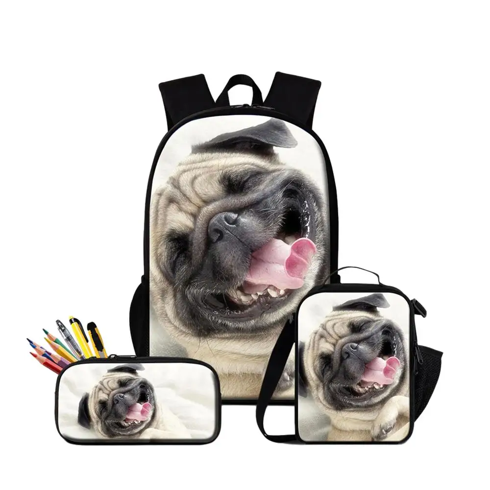 Pug Dog Printing School Backpack With Pencil Case Lunch Bag 3PCS/Set Bookbag For Girls 16 Inch Schoolbag Food Bag For Student