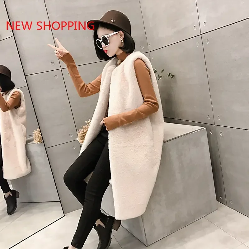 2023 Autumn Fashion Women Fur Vest Elegant Long Winter Jacket Coat Warm Soft Ladies Faux Rabbit Fur Coats Sleeveless Jacket