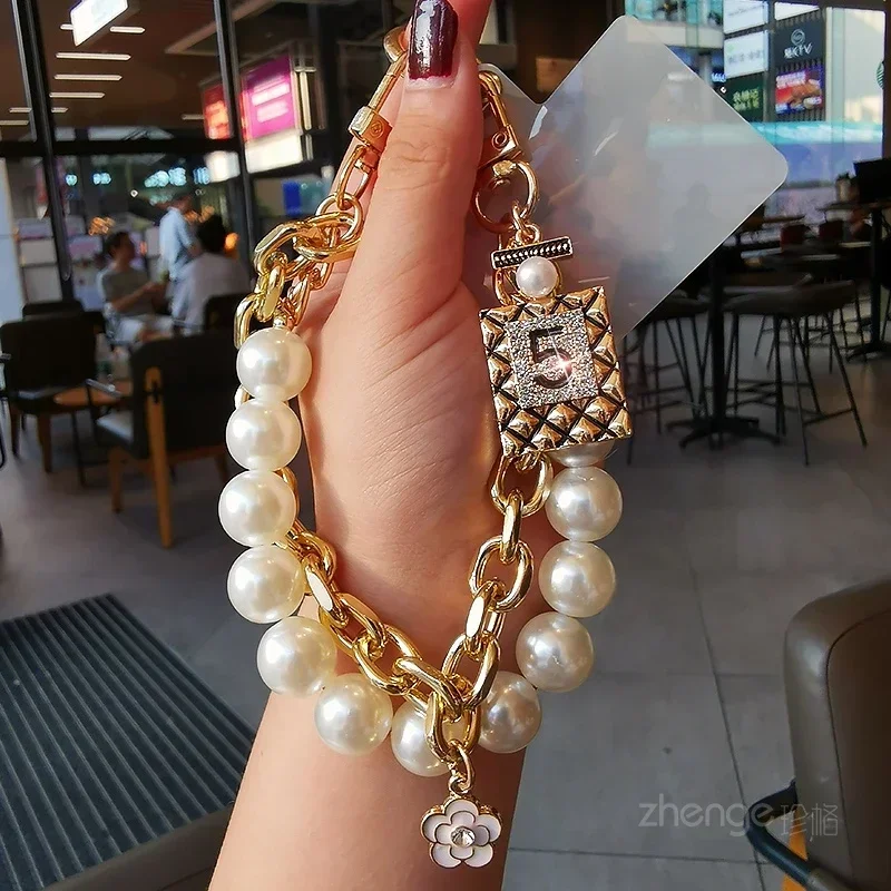 Catena Per Telefono Con Perle Rosa E Nere – 2 Pezzi, Cinturino Da Polso Elegante, Lunghezza 22 Cm, Antismarrimento - 2