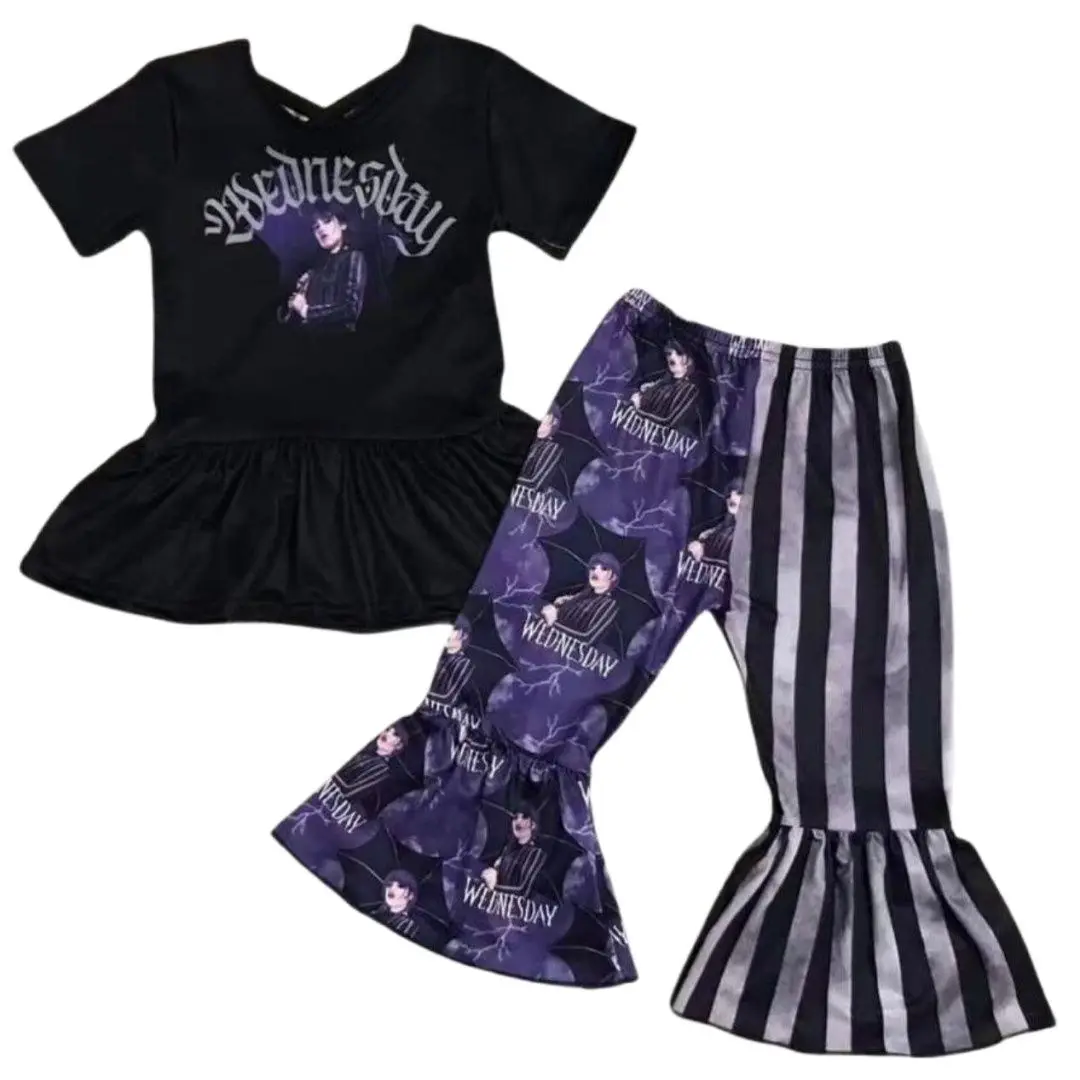 

Latest Best Selling Wednesday Summer Boutique Girls Clothing Short Sleeve Flared Pants Set 2pcs