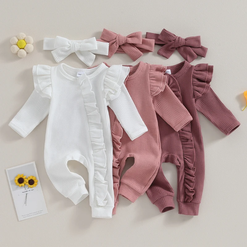 

Newborn Baby Soft Rompers Headbead Outfit Girl Boy Zipper Romper Jumpsuit Ruffle Waffle Knit Hospital Coming Home Clothes