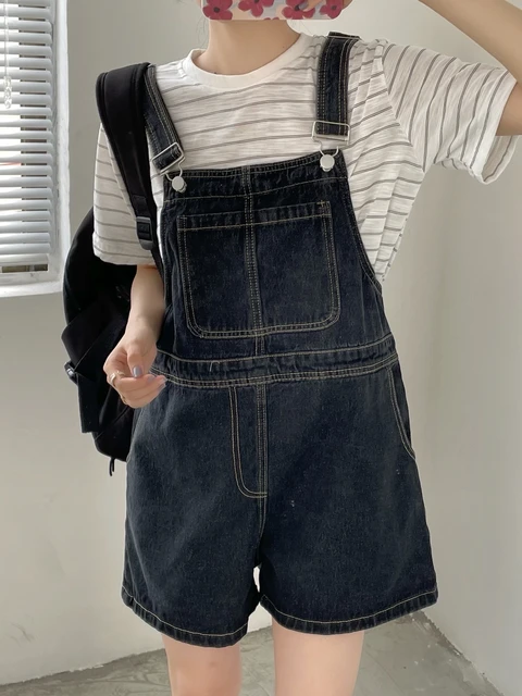 Women's Denim Overalls Short Trousers Wide Leg Loose Fit Thin Jumpsuit Korean Style for Petite Ladies Casual Clothing