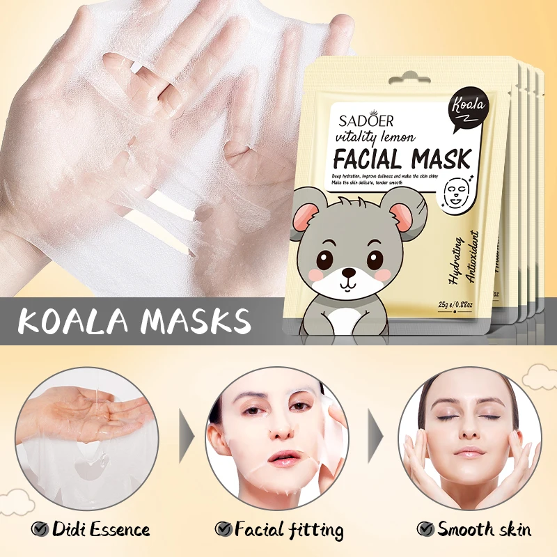 5pcs SADOER Cartoon Fresh Fruit Facial Masks Moisturizing Soothing Brightening Hydrating Face Mask for Facial Skin Care