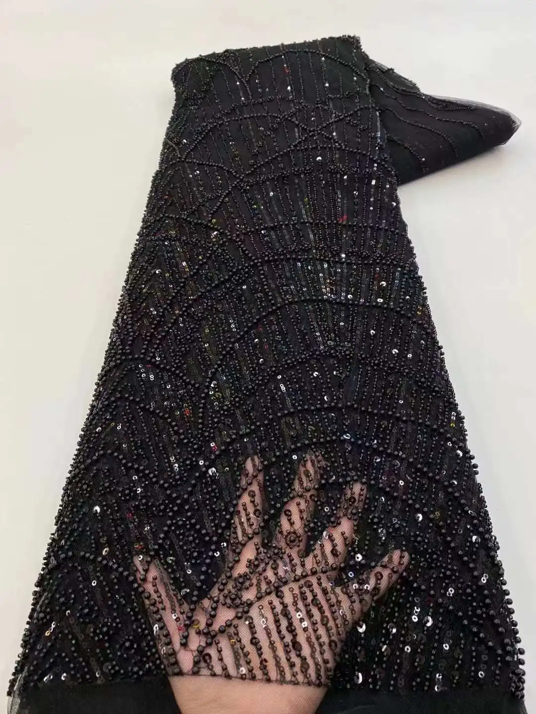 

New Design Black Color Popular Sequins Embroidery Tulle French African Beaded Lace Fabric 6H-82413 For Women Party Dress