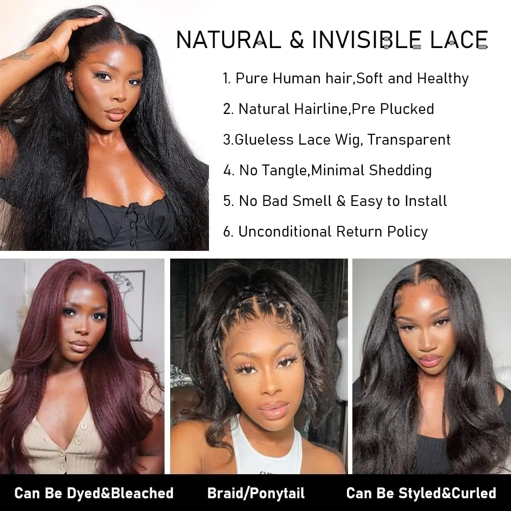 24 Inch Kinky Straight HD Lace Front Wig Human Hair Pre Plucked for Women Natural Hairline 200% Density Yaki Straight Human Hair