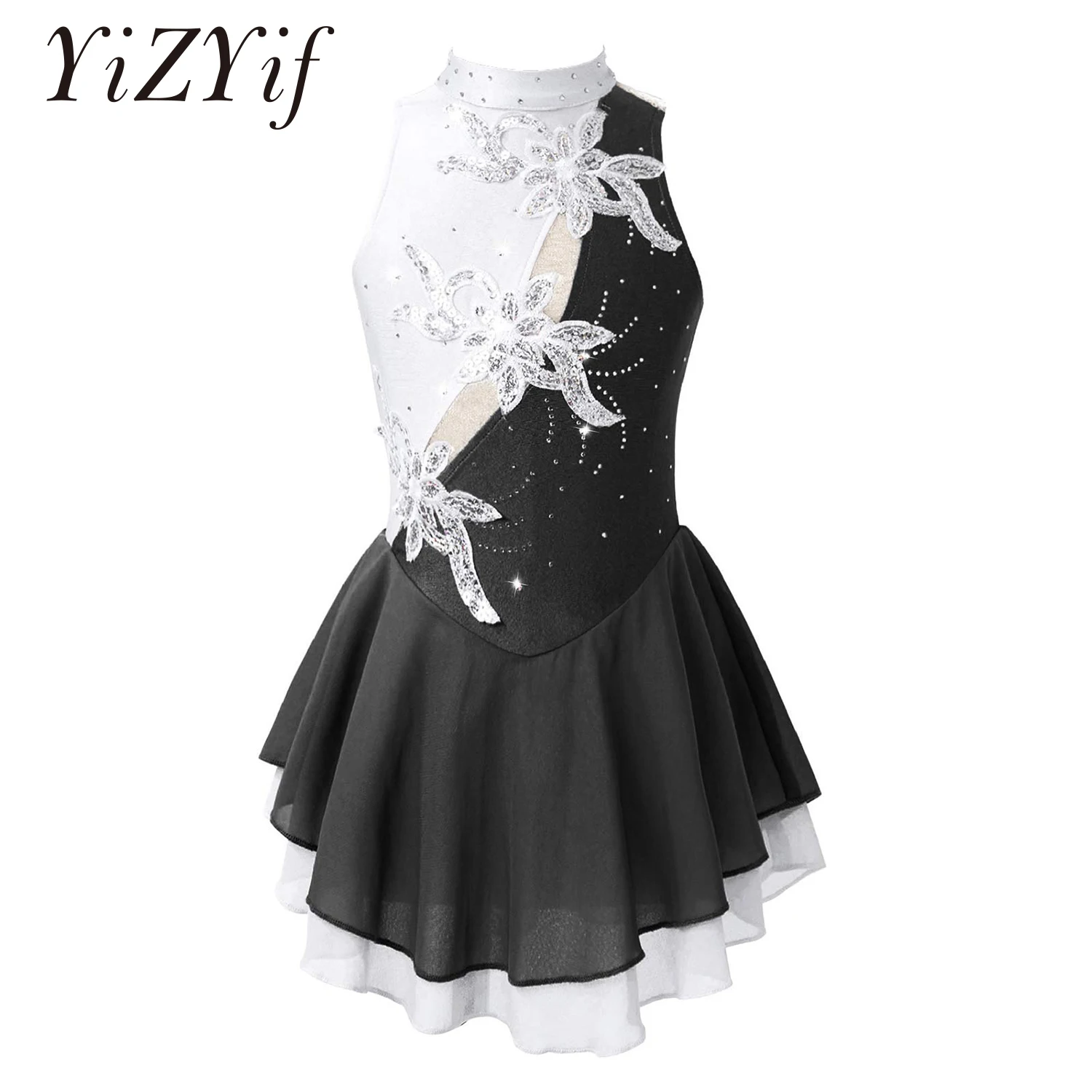 

Kids Girls Sequins Floral Ballet Dance Dress Figure Ice Skating Dress Hollow Back Ballerina Tutu Performance Dance Costume