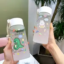 500ml Simple Cartoon Transparent Frosted Water Cup Drop-proof Plastic Cup Cute Water Bottle Portable Water Bottles with Rope
