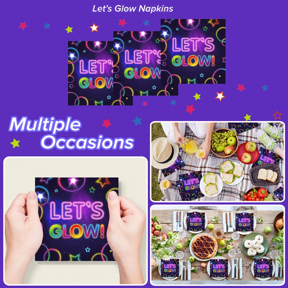 20Pcs Glow Party Napkins Neon Glow Dinner Disposable Paper Napkin Let's Theme Wedding Birthday Baby Shower Party Supplies