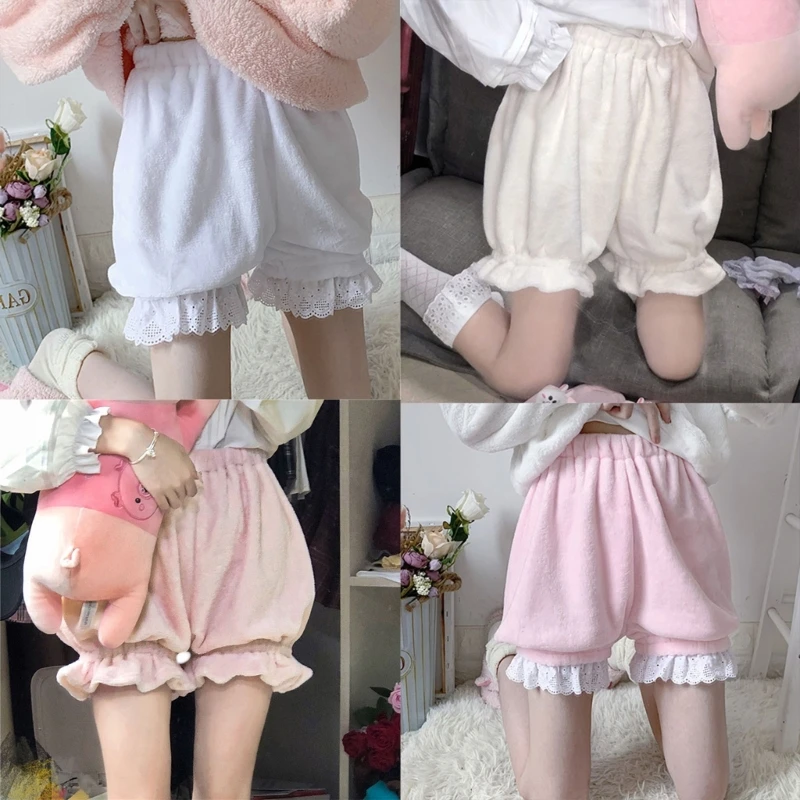 Lolita Lace Sleep Bloomer Shorts Women Girls Cute Velvet Plush Warm Pajama  Short Pants