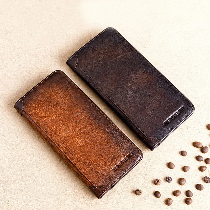 Wallet Men's Vintage Business Leisure Ultra thin Long Head Leather Real Pickup Bag Zero Wallet Vertical 2023 New