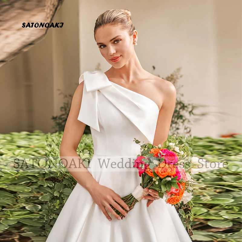 Customized Simple One Shoulder Satin Wedding Dress for Bride Backless A-line Princess Bridal Gown with Pockets Vestidos De Novia