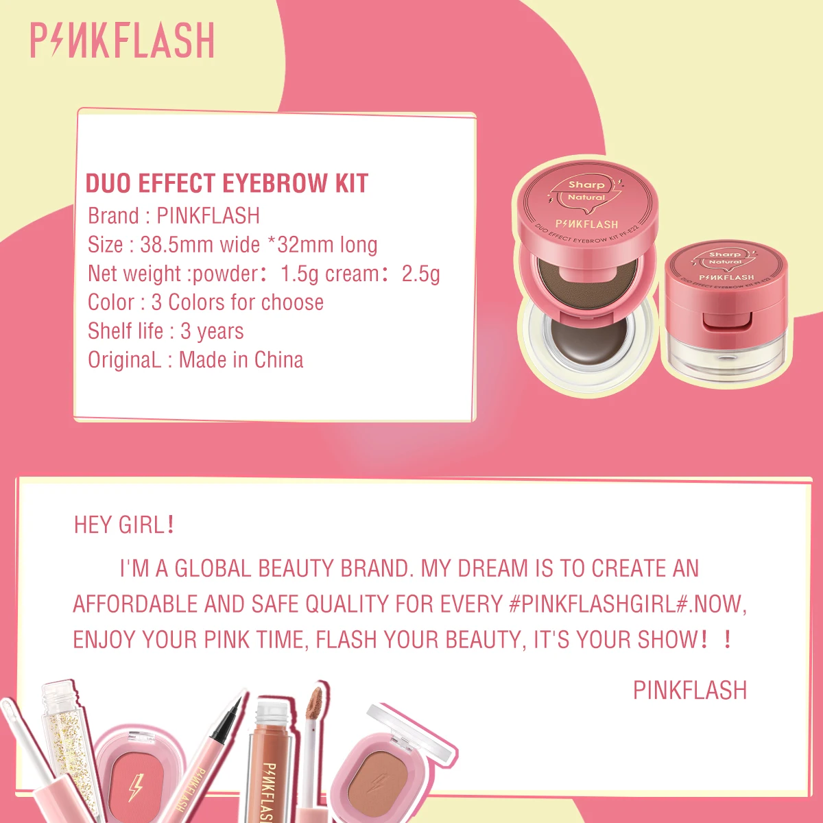 Eyebrow Powder Gel PINKFLASH 2 In 1 Double Effect Waterproof Quick-drying 3D Eyebrow Styling Cream Enhancer Cosmetics Brush eyebrow pomade gel wax,eye makeup tools