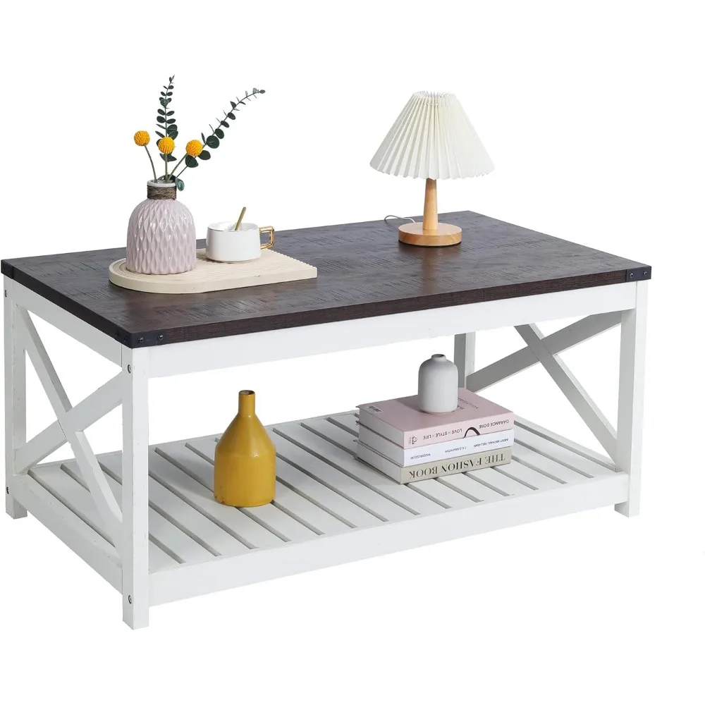 Farmhouse Coffee Table with Slatted Shelf and Corner Protection, 40 Inches, Vintage White/Espresso 3