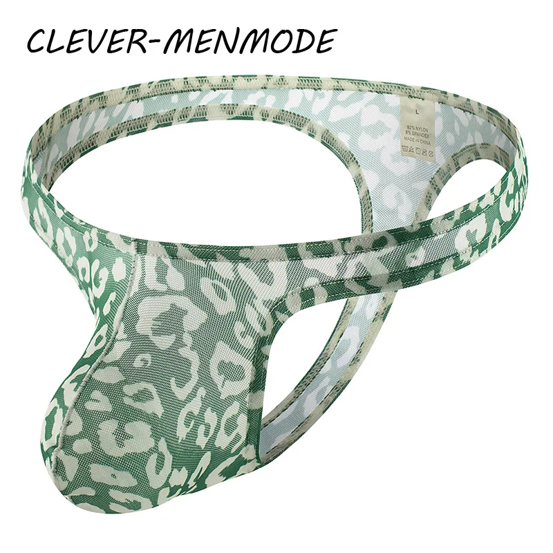 CLEVER-MENMODE-ropa interior Sexy con estampado fino para hombre, bragas transpirables con bolsa para el pene, Tanga transparente con parte trasera en T