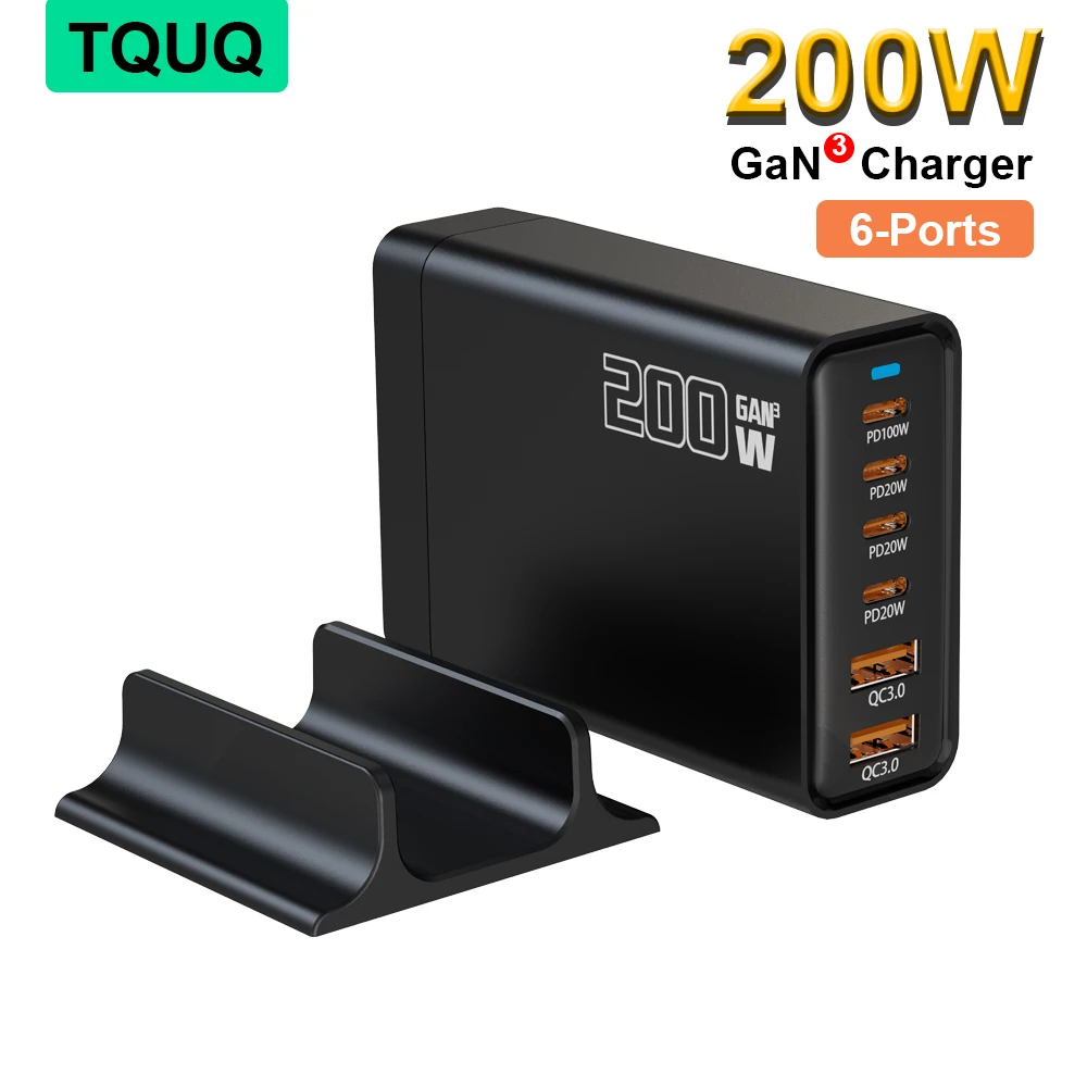 TQUQ 200 Вт GaN зарядная станция, 6 портов PD зарядное устройство с 4 USB C и 2 USB A, настольное зарядное устройство для iPhone Samsung MacBook Pro/Air