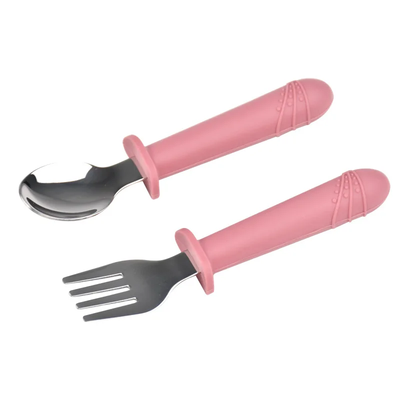 Stainless Steel Fork Spoon Baby Training Dining Accessories Tableware Food grade Silicone Long Handle Set