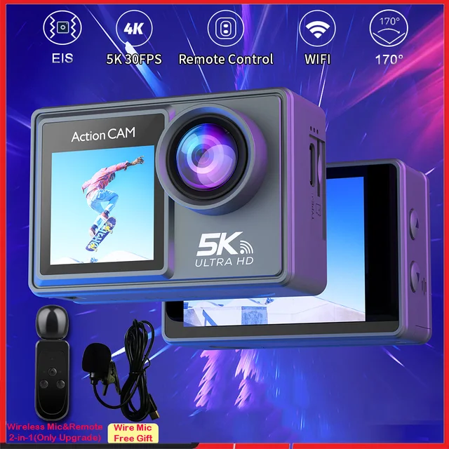 5K 4K60FPS Action Camera Dual IPS Touch LCD EIS 170° DVR 30M Waterproof 5X Zoom Sport Camera With Wireless Mic & Pre Recording 1