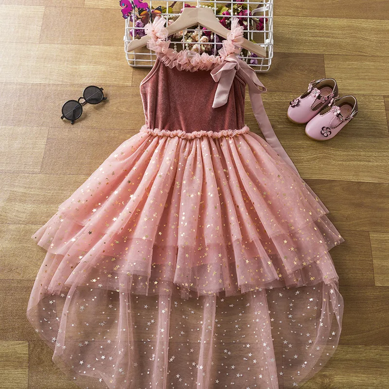 

2023 Spring and Summer New Girls' Dress Korean Style Lace Mesh Strap Princess Dress Children Flower Girl Dresses