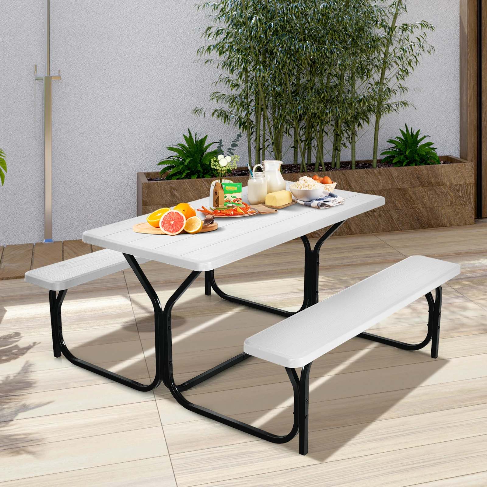 Bierzeltgarnitur, Picknicktisch & 2 Sitzbänke mit Metallrahmen, Campingtisch Set Festzeltgarnitur für Terrasse, Garten, Pool – Detail 2