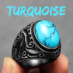 Vintage Black Turquoise Carved Stainless Steel Ring - Punk Rock Luxury Fashion Jewelry Accessory - 8 (R1215 - Turquoise)