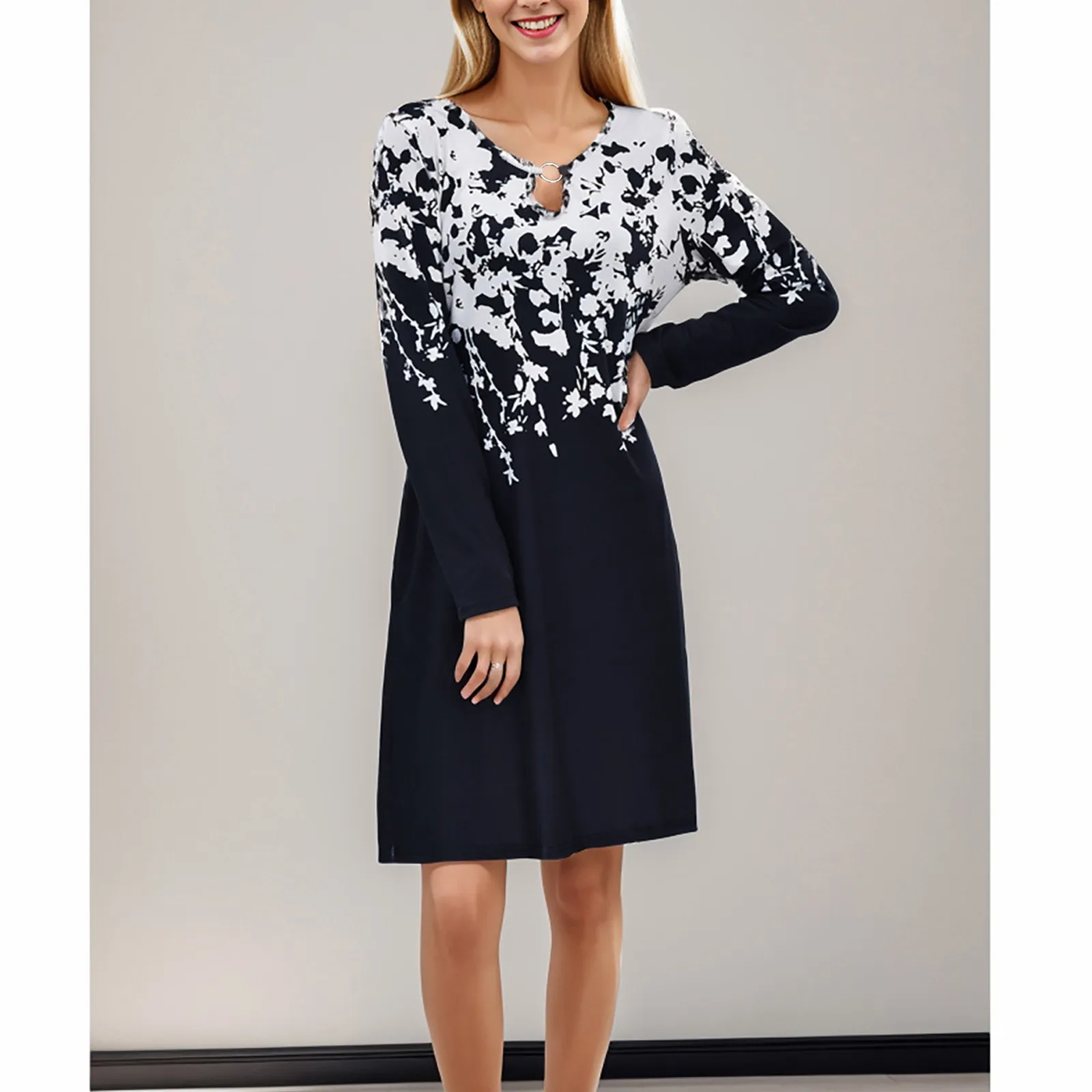 

Женское модное повседневное милое платье в стиле ретро с круглым вырезом и длинными рукавами и карманами на спине, коктейльное платье для женщин