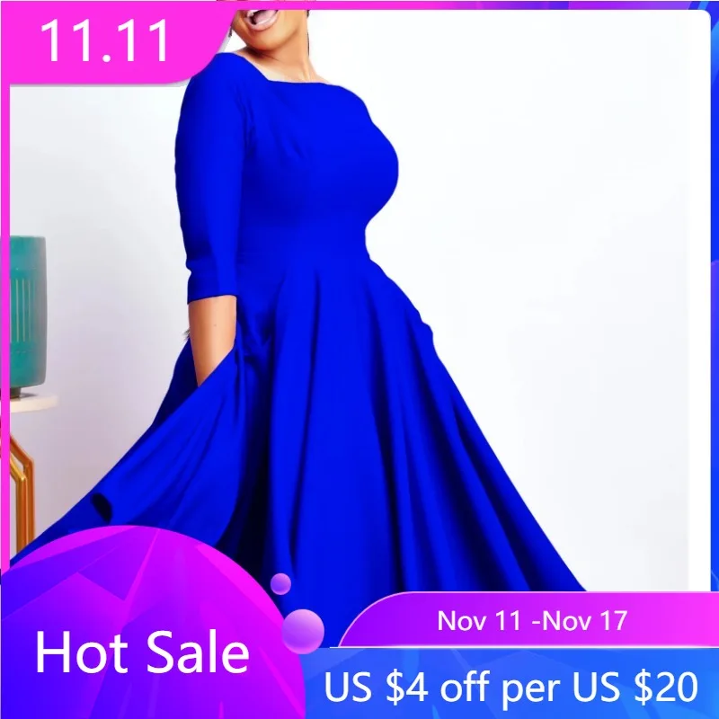 Polyester African Dresses for Women Africa Elegant 3/4 Sleeve Square Collar Blue Black Midi Dress Dashiki African Clothing S-3XL sweet bowknot square collar summer maternity dress ruffled puff sleeve pregnant woman a line dress solid color pregnancy dresses