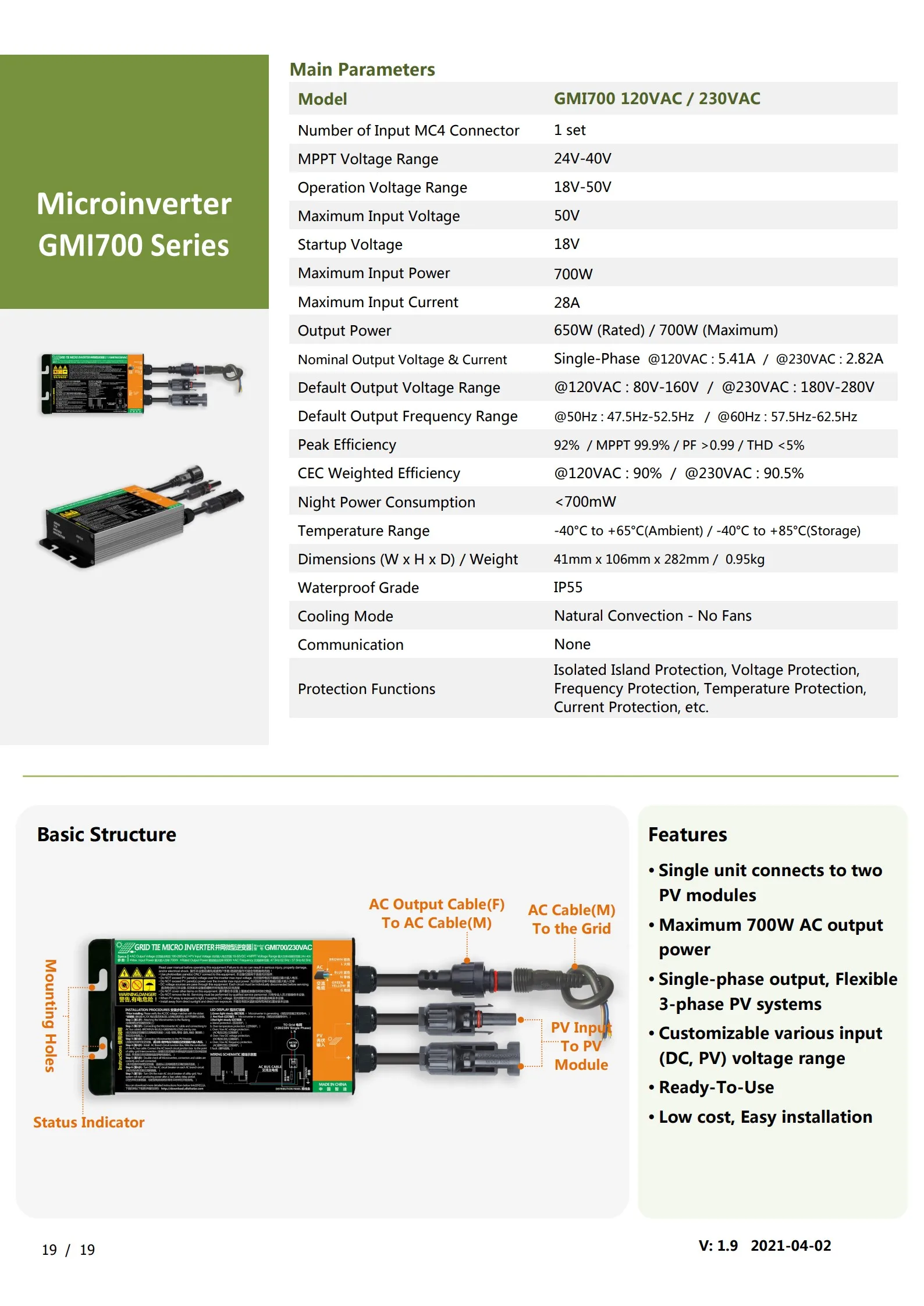 On-Grid Inverter 110V/220V Dual Option, 24V Start 50V Voc, Plug & Play Solar Mic