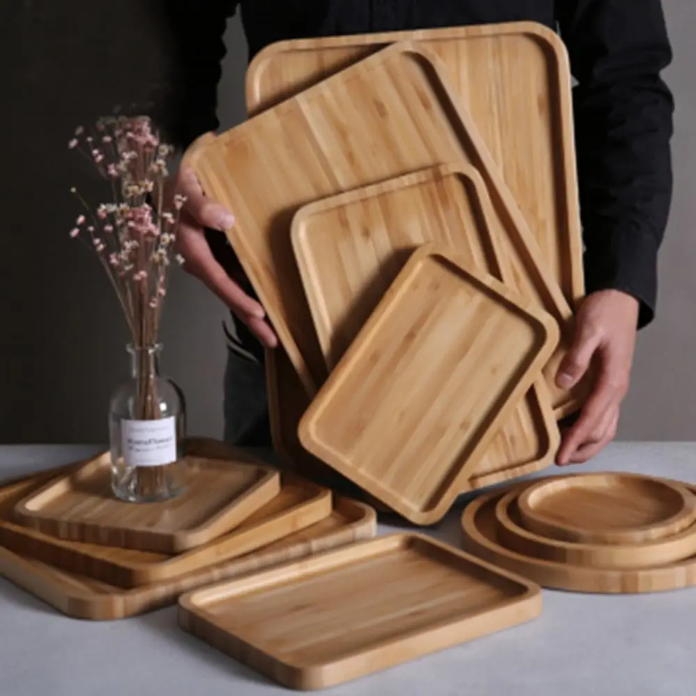 

Bamboo Rectanglar Tableware Round Storage Pallet Fruit Plate Candy Holder Serving Tray Tea Tray Dessert Dinner Plate