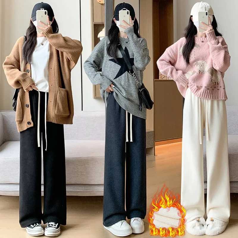 Women Wide Leg Corduroy Berber Fleece Pants 2024 Autumn Winter Loose Long Sweatpants Female Basic Soft Straight Warm Trousers