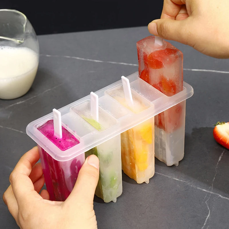 Ice Cream Mold 4 Ice Popsicle Mold Set Maker Tray DIY Reusable with Sticks and Lid Creative Kitchen Tool Summer