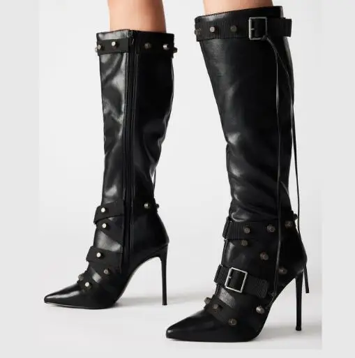 

Black Hot Pink Leather Pointed Toe Rivet Belt Buckle Tassel Stiletto Heels Knee High Boots Women Winter Slim Long Botas Shoes