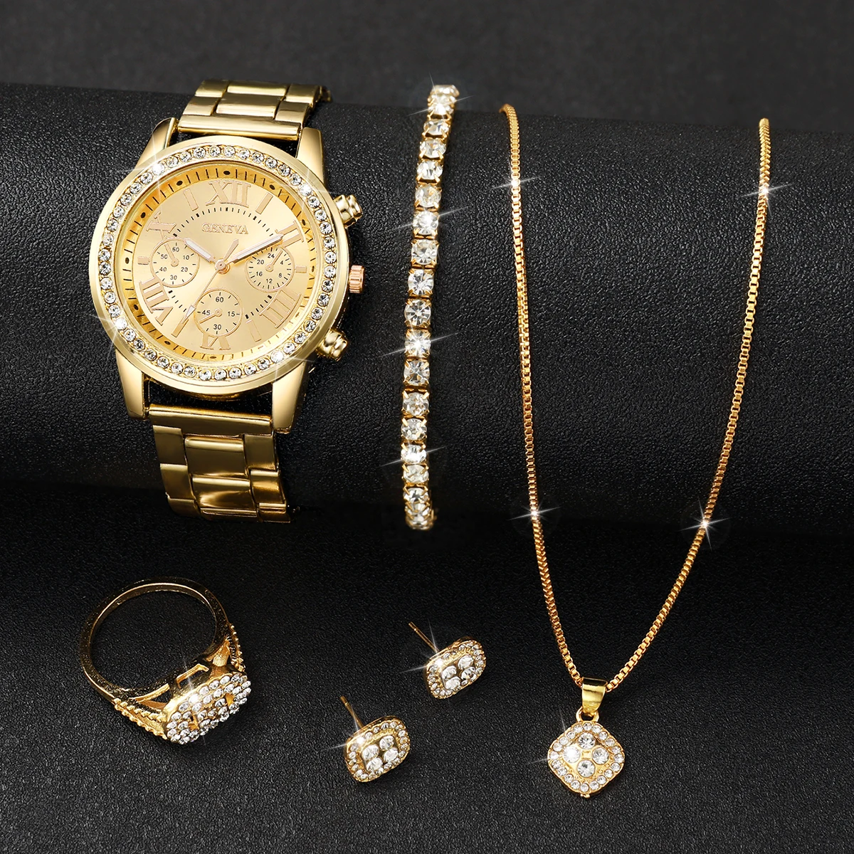 6PCS/Set Fashion Women Watch Roma Dial Ladies Steel Band Quartz Watches Jewelry Set（Without Box） 2