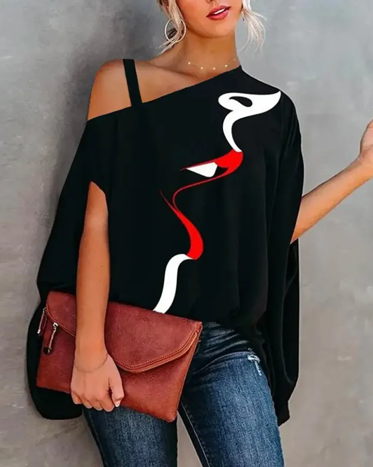 

Woman Blouses 2022 Latest Fashion Casual Chic Daily Half Sleeve Abstract Figure Print Cold Shoulder Batwing Sleeve Top