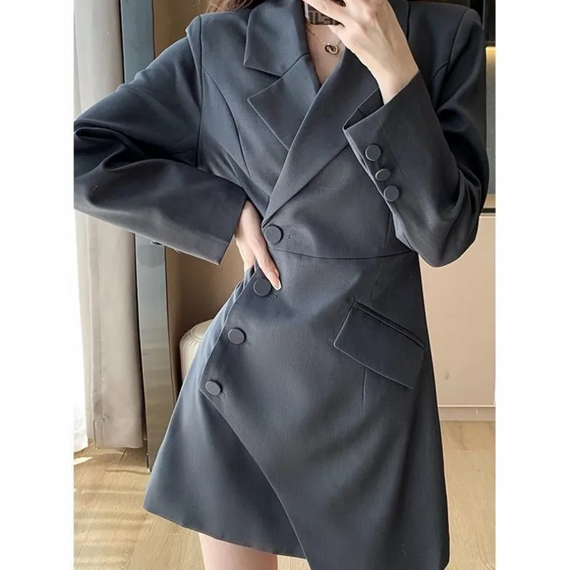 

High Quality Irregular Waist Long Sleeves Suit Dresses Female Elegant Pleated Single Breasted Dress 2022 Autumn New