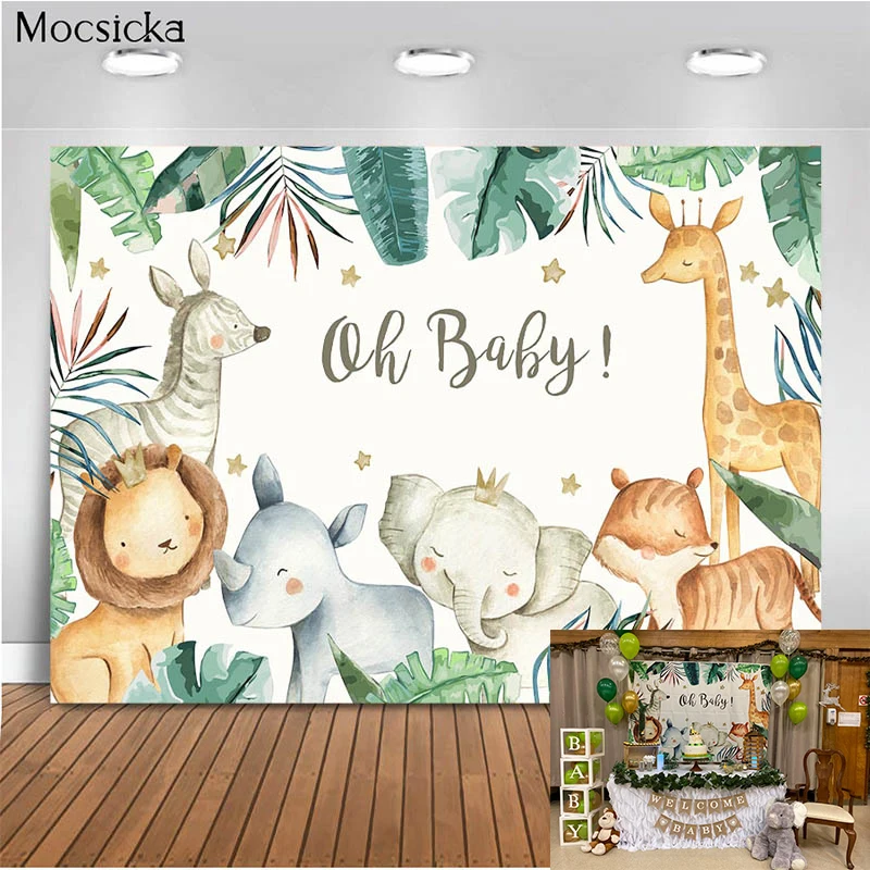 Animals Baby Shower Background Green Leaves Fox Bear Newborn Kid Birthday Photo Backdrop For Photography Party Decoration Studio