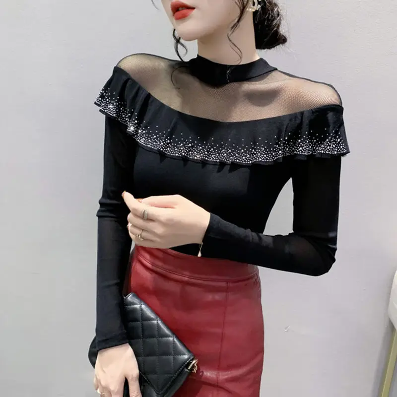 

Sexy See Through Mesh Patchwork Ladies Tops Elegant Fashion Rhinestone Ruffle Slim Solid Long Sleeve Basic T Shirt Women Clothes