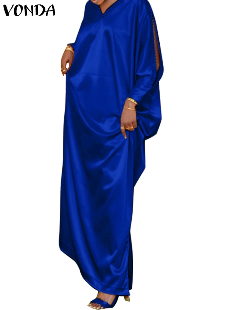 

VONDA Women Elegant Party Maxi Long Dress 2024 Bohemian Dress V-neck Solid Satin Silk Sundress Casual Long Sleeve Hollow Robe