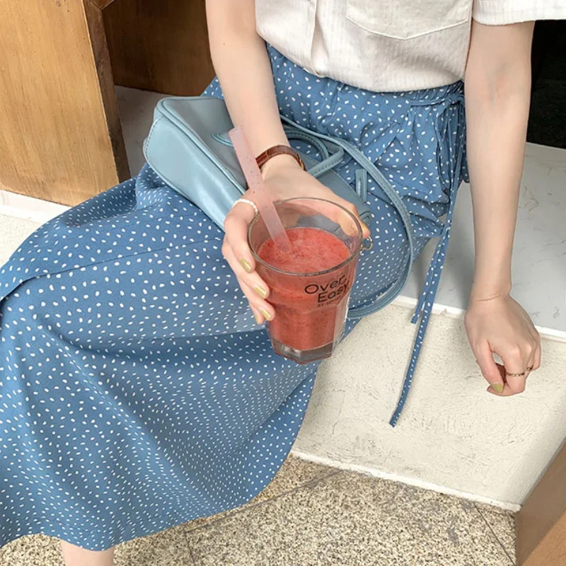 2024 Summer Women Korean Style Streetwear Drawstring Elastic Waist Long Skirts Female DOT Print Ruffle Patchwork Skirts Floral